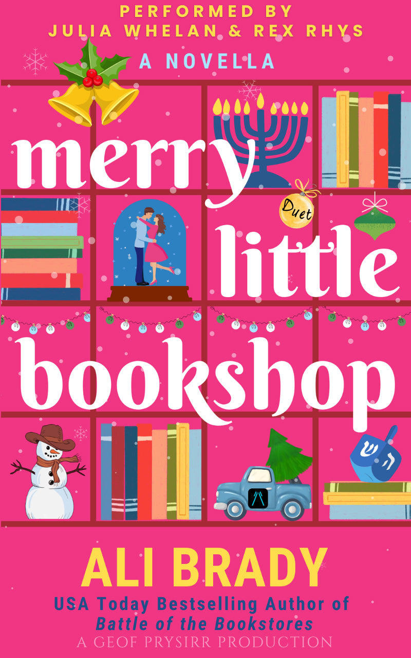 Book cover for the novella 'Merry Little Bookshop' by Ali Brady, featuring a bright pink background with a grid of illustrated bookshelves, holiday decorations, books, a snowman, a blue truck, and large white title text.