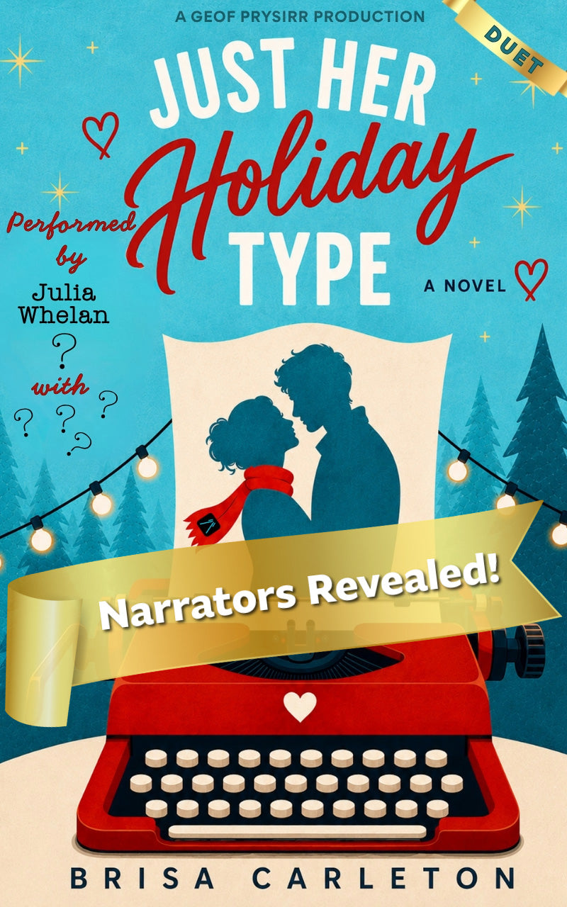 Book cover for the novel 'Just Her Holiday Type' by Brisa Carleton, featuring a blue winter-themed background with a red typewriter, a gold banner reading 'Narrators Revealed!', and silhouettes of a couple under string lights.