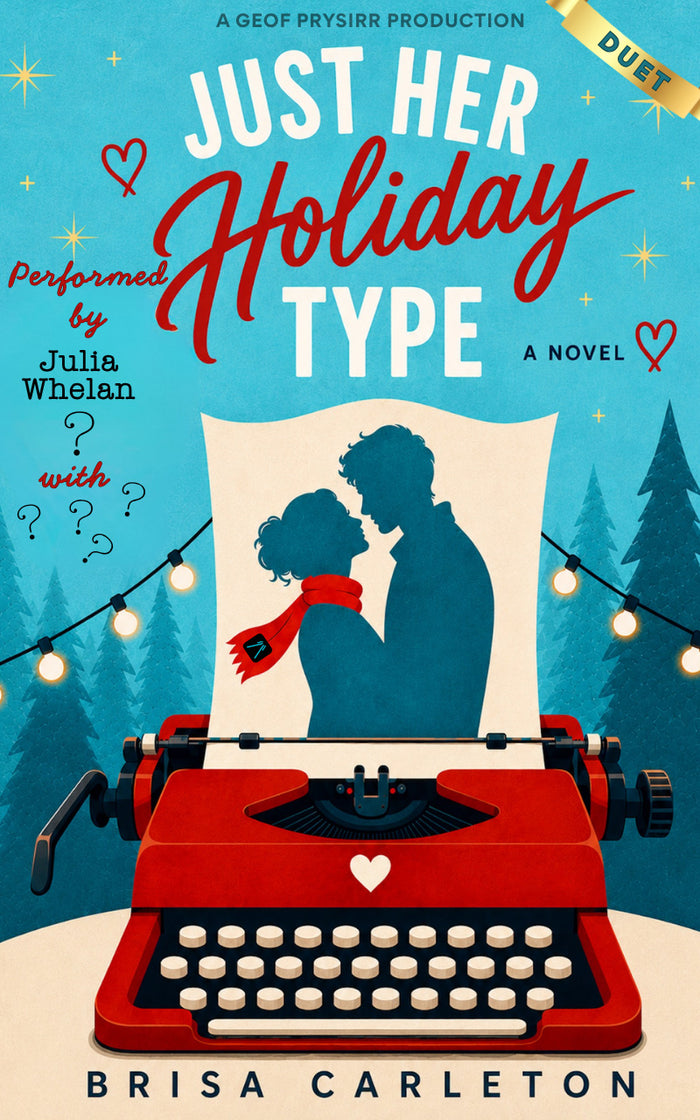 Book cover for the novel 'Just Her Holiday Type' by Brisa Carleton, featuring a red typewriter with a paper print of a couple silhouette, set against a blue winter forest background with string lights and stars.