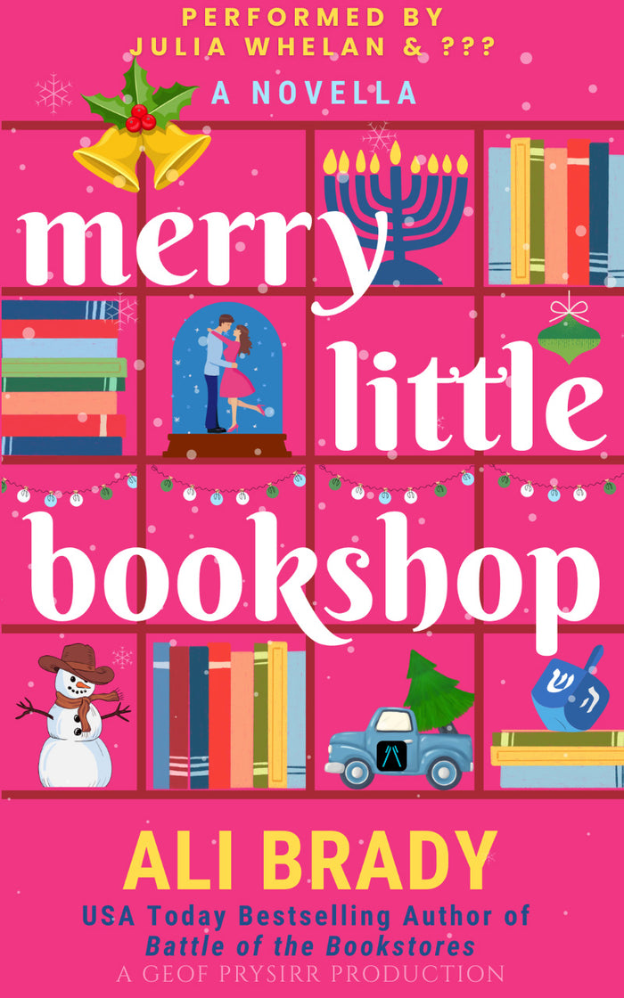 Book cover for the novella 'Merry Little Bookstore' by Ali Brady, featuring a bright pink background with a grid of illustrated bookshelves, holiday decorations, books, a snowman, a blue truck, and a dreidel.