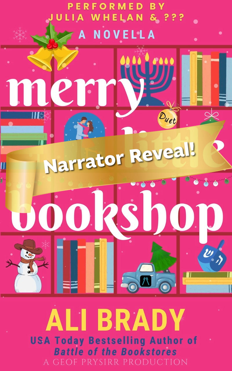 Book cover for the novella 'Merry Bookshop' by Ali Brady, featuring a bright pink background with a grid of colorful bookshelves, holiday and Hanukkah-themed illustrations, and a gold ribbon banner reading 'Narrator Reveal!'.